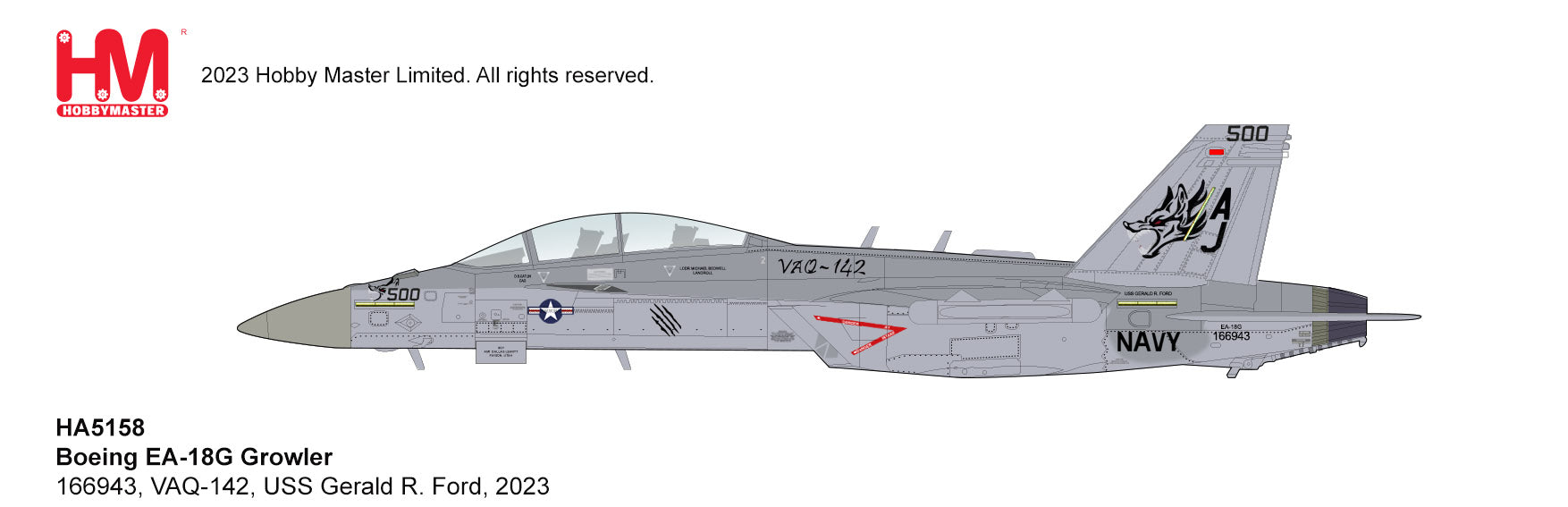 Pre-Order Hobby Master HA5158 1:72 EA-18G Growler 166943, VAQ-124, USS  Gerald R. Ford, 2023