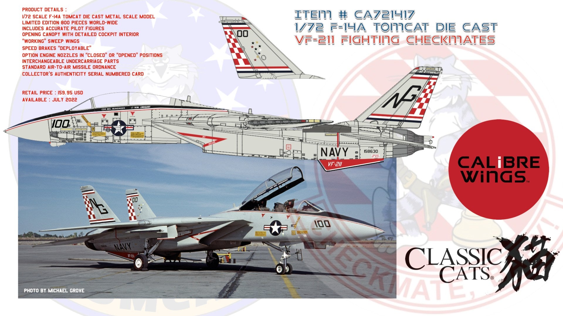 Calibre Wings CA721417 1:72 F-14A Tomcat USN VF-211 Fighting Checkmates  NG100, 1978