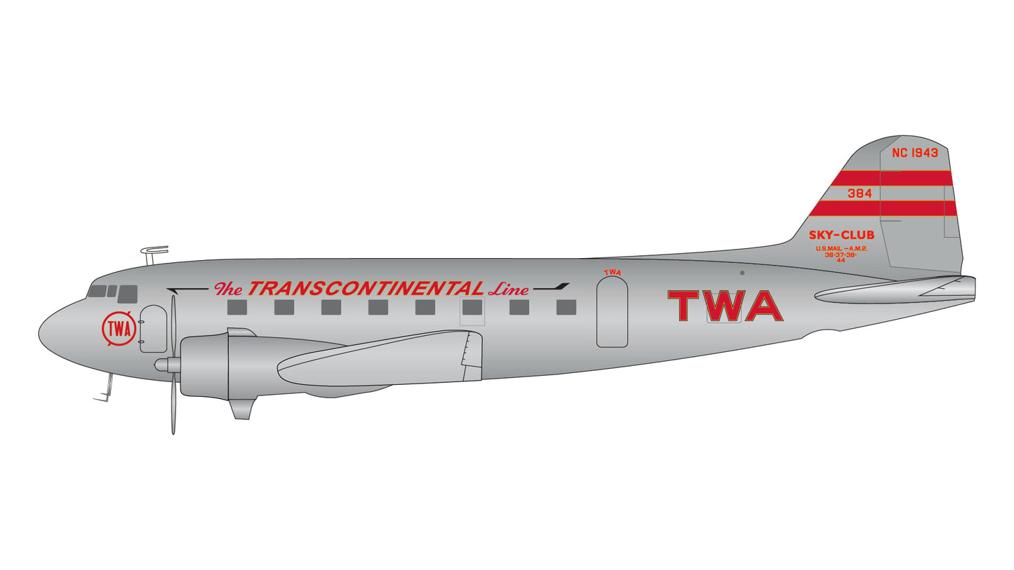 Pre-Order Gemini Jets G2TWA314 1:200 TWA (Transcontinental & Western Air) DC-3 NC1943 (polished)