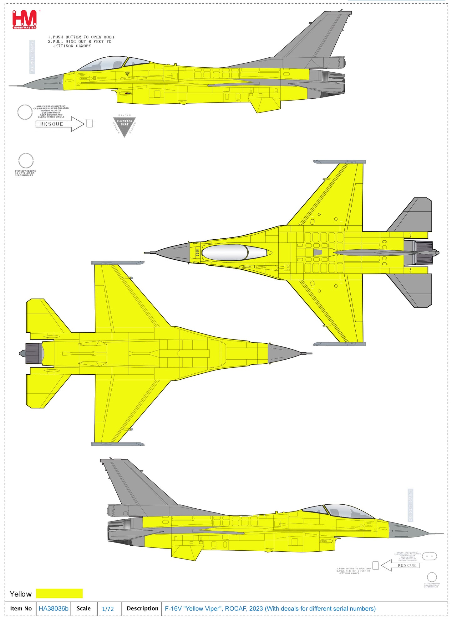 Pre Order Hobby Master HA38036B 1:72 F-16V F-16V "Yellow Viper" ROCAF, 2023 (with decals for different airplanes)