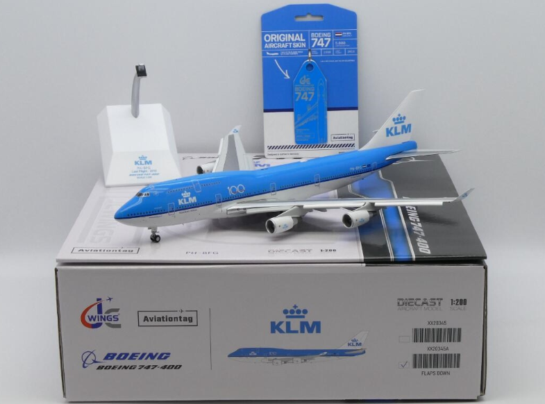 Pre-Order JC Wings XX20345A 1:200 KLM Royal Dutch Airlines Boeing 747-400 "100" PH-BFG With Limited Edition Aviation Tag (Flaps Down)