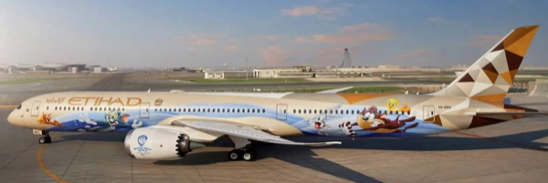 Pre-Order JC Wings XX40293A 1:400 Etihad Airways Boeing 787-10 Dreamliner "Warner Bros. World" Reg: A6-BMA Flaps Down